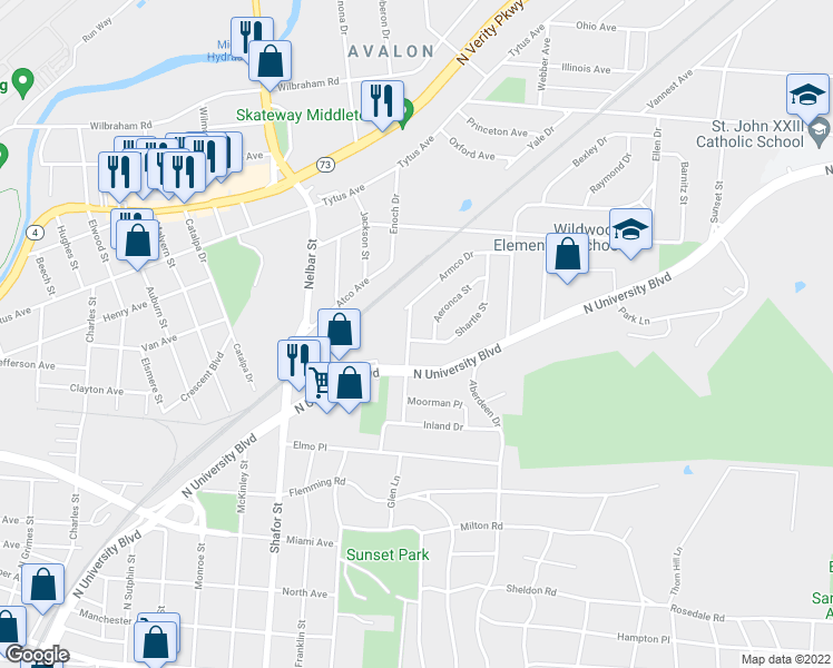 map of restaurants, bars, coffee shops, grocery stores, and more near 801 Richardson Drive in Middletown