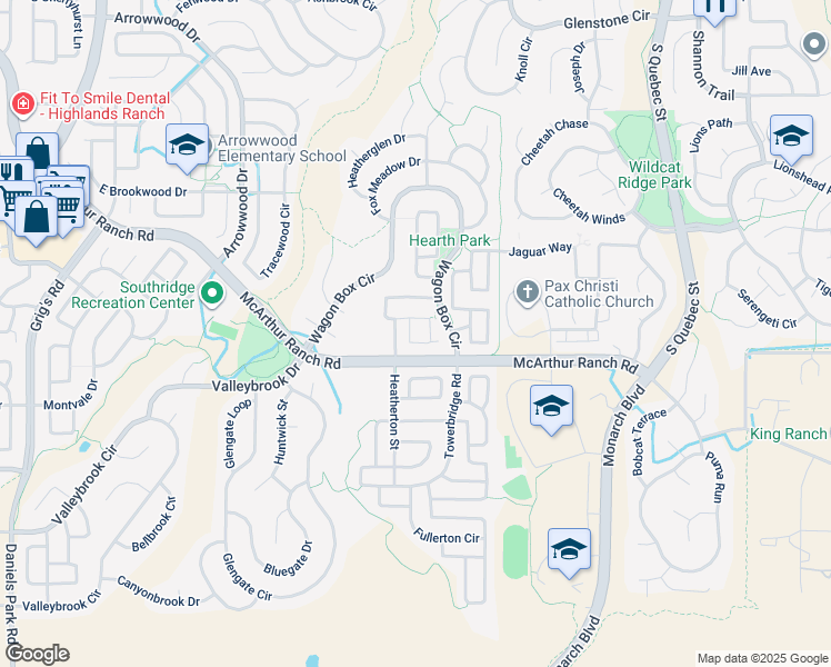 map of restaurants, bars, coffee shops, grocery stores, and more near 10679 Cedarcrest Circle in Highlands Ranch