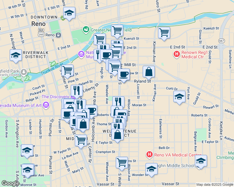 map of restaurants, bars, coffee shops, grocery stores, and more near in Reno