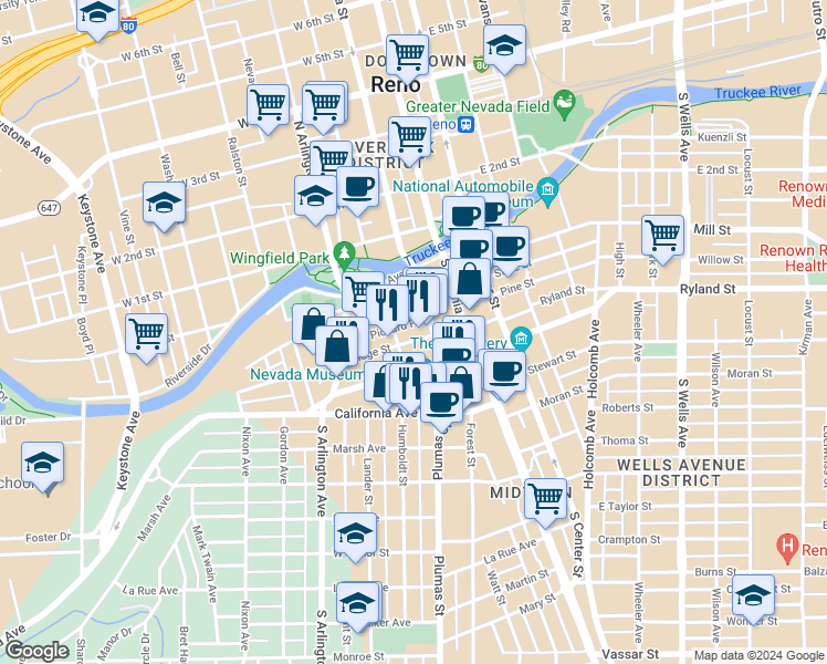 map of restaurants, bars, coffee shops, grocery stores, and more near 150 Ridge Street in Reno