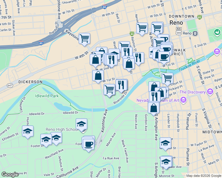 map of restaurants, bars, coffee shops, grocery stores, and more near 36 Vine Street in Reno