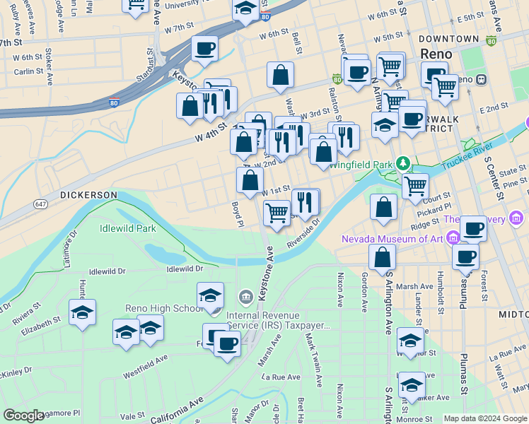 map of restaurants, bars, coffee shops, grocery stores, and more near 935 Jones Street in Reno