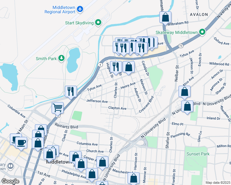 map of restaurants, bars, coffee shops, grocery stores, and more near 725 Charles Street in Middletown