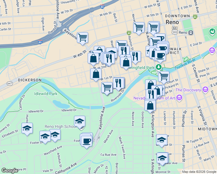 map of restaurants, bars, coffee shops, grocery stores, and more near 36 Vine Street in Reno