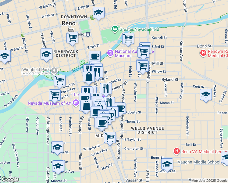 map of restaurants, bars, coffee shops, grocery stores, and more near 450 Sinclair Street in Reno