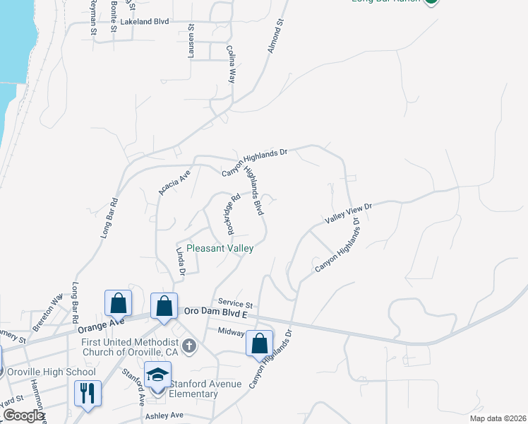 map of restaurants, bars, coffee shops, grocery stores, and more near 94 Highlands Boulevard in Oroville
