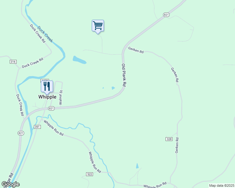 map of restaurants, bars, coffee shops, grocery stores, and more near 7230-7290 Highway 821 in Whipple