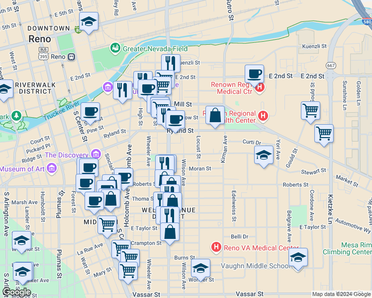 map of restaurants, bars, coffee shops, grocery stores, and more near 382 Wilson Avenue in Reno