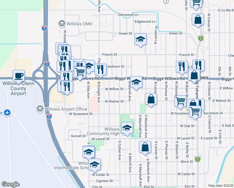 map of restaurants, bars, coffee shops, grocery stores, and more near 227 North Culver Street in Willows