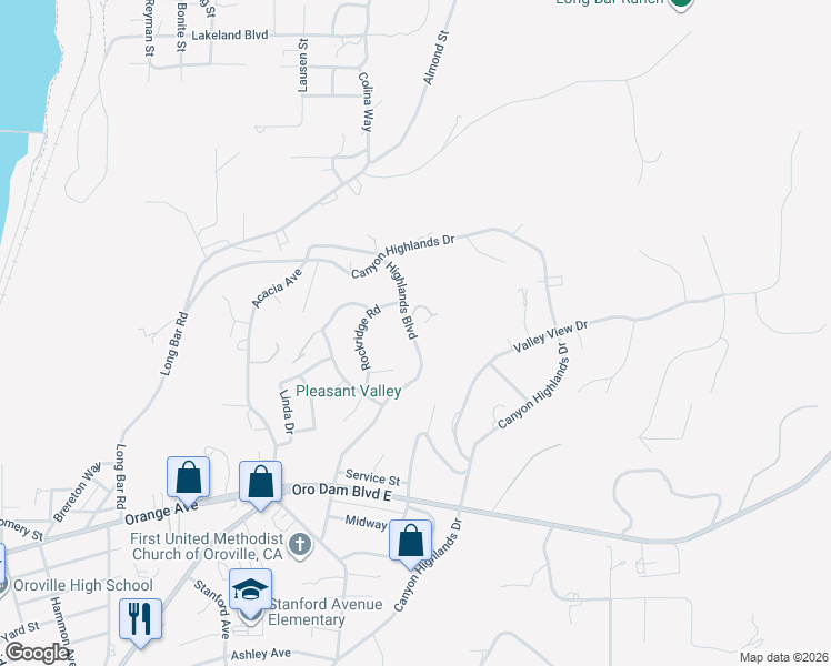 map of restaurants, bars, coffee shops, grocery stores, and more near 94 Highlands Boulevard in Oroville