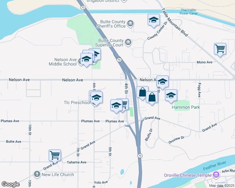 map of restaurants, bars, coffee shops, grocery stores, and more near 2131 4th Street in Oroville