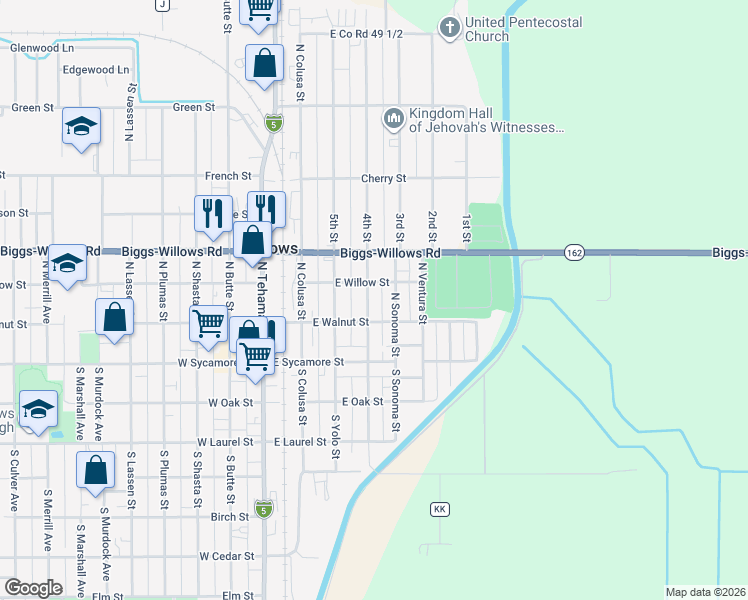 map of restaurants, bars, coffee shops, grocery stores, and more near 236 North Sacramento Street in Willows
