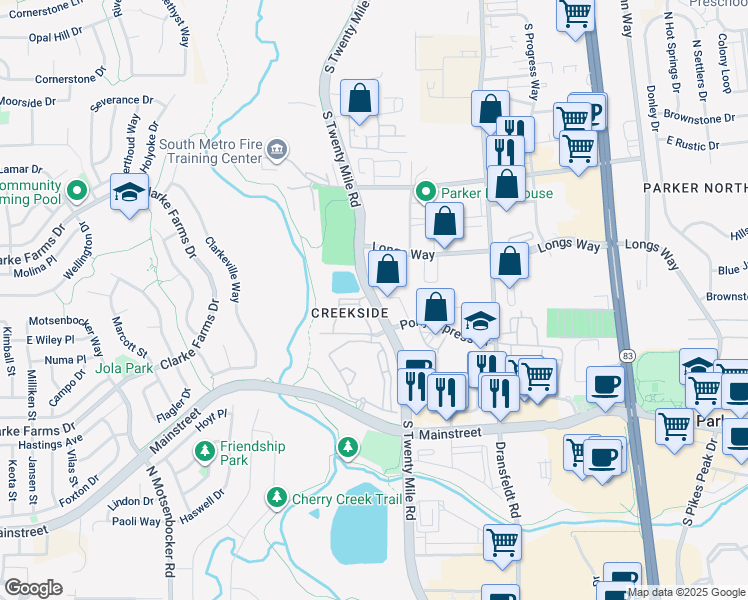 map of restaurants, bars, coffee shops, grocery stores, and more near 10843 South Twenty Mile Road in Parker