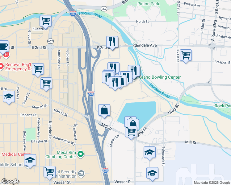 map of restaurants, bars, coffee shops, grocery stores, and more near 2500 East 2nd Street in Reno