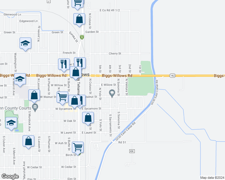 map of restaurants, bars, coffee shops, grocery stores, and more near 236 North Sacramento Street in Willows