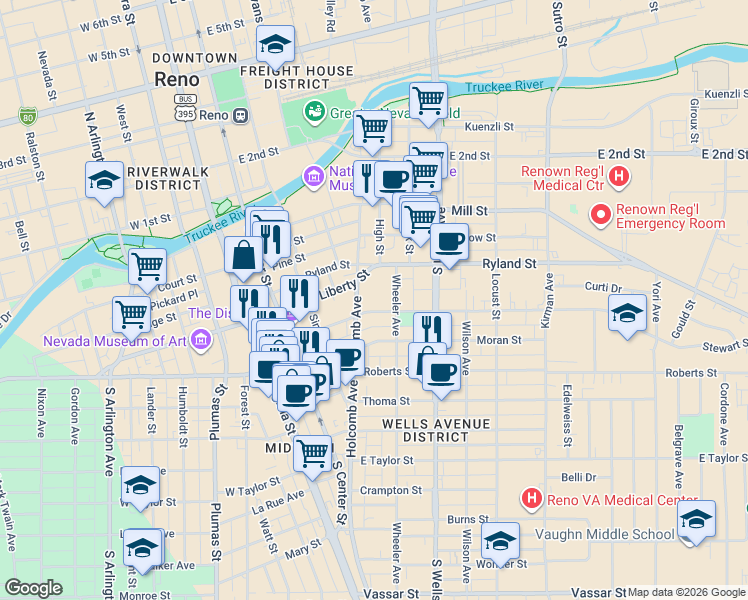 map of restaurants, bars, coffee shops, grocery stores, and more near 312 Stewart Street in Reno