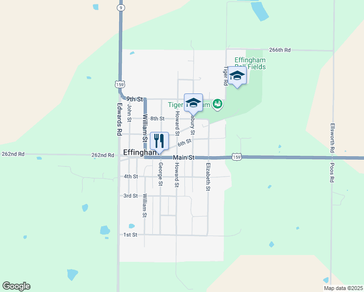 map of restaurants, bars, coffee shops, grocery stores, and more near 506 6th Street in Effingham