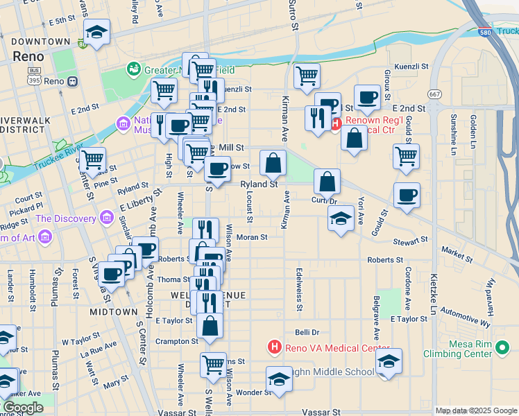 map of restaurants, bars, coffee shops, grocery stores, and more near 400 Locust Street in Reno