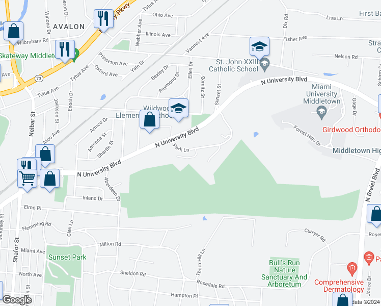 map of restaurants, bars, coffee shops, grocery stores, and more near 975 Park Lane in Middletown