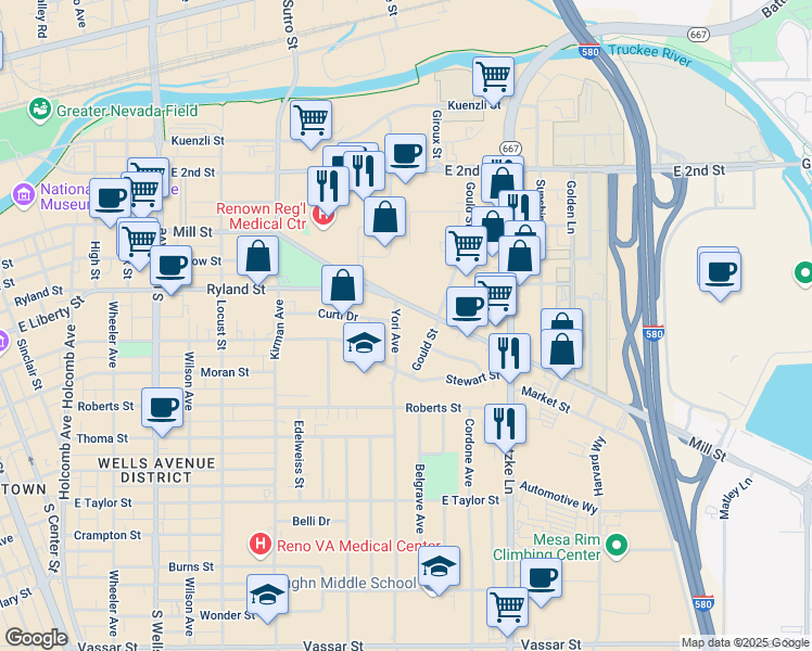 map of restaurants, bars, coffee shops, grocery stores, and more near 671 Gould Street in Reno