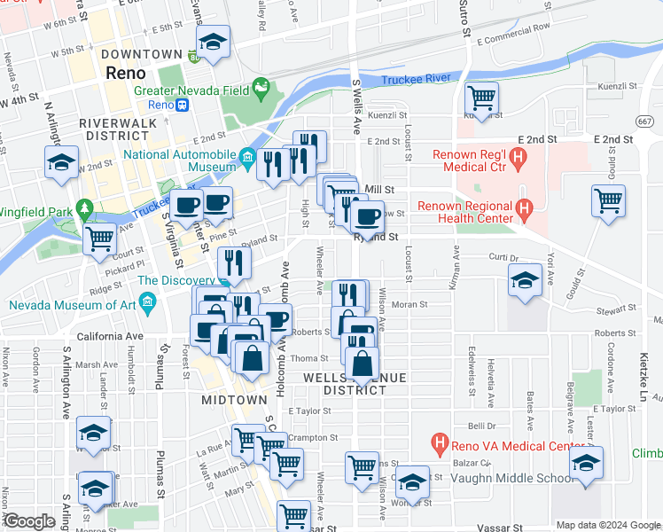 map of restaurants, bars, coffee shops, grocery stores, and more near 417 Wheeler Avenue in Reno