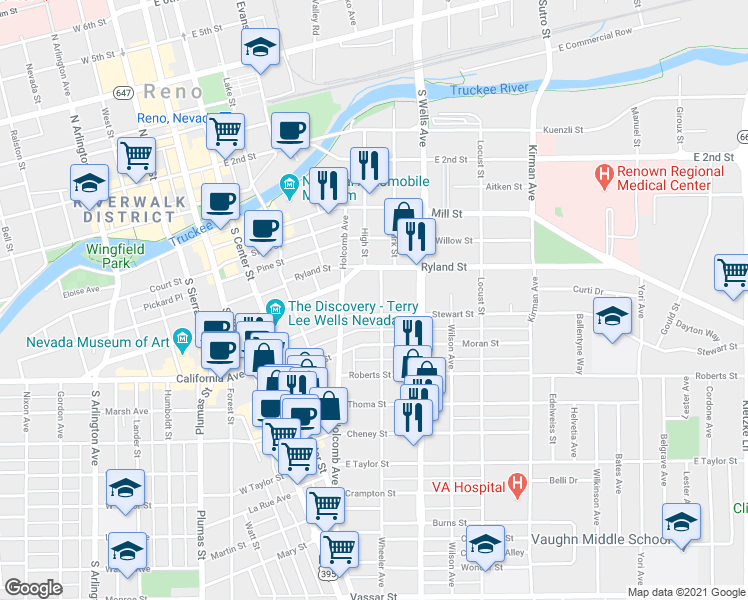 map of restaurants, bars, coffee shops, grocery stores, and more near 417 Wheeler Avenue in Reno