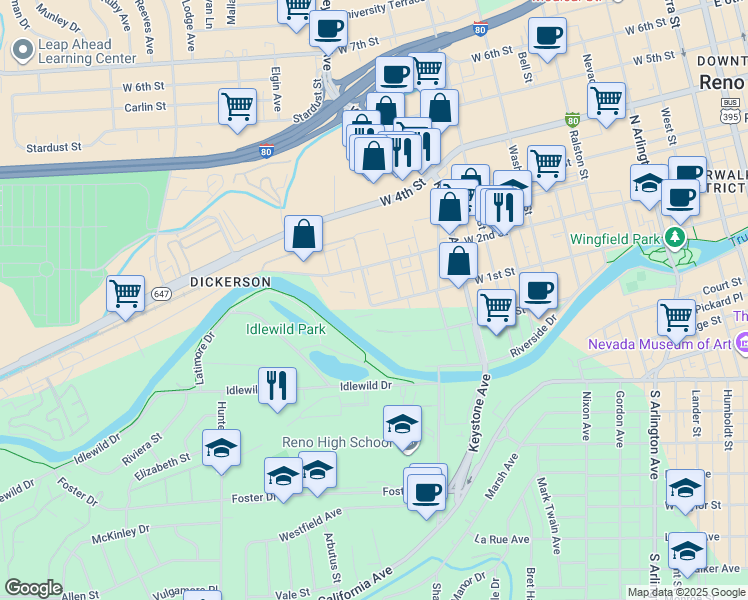 map of restaurants, bars, coffee shops, grocery stores, and more near 1255 Jones Street in Reno