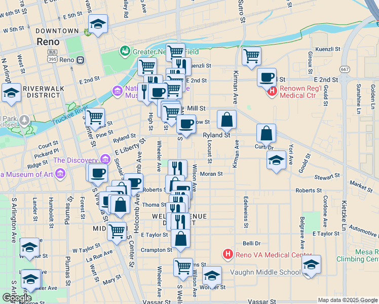 map of restaurants, bars, coffee shops, grocery stores, and more near 590 Stewart Street in Reno
