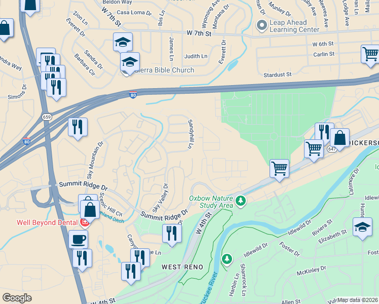 map of restaurants, bars, coffee shops, grocery stores, and more near 1330 Sandyhill Lane in Reno