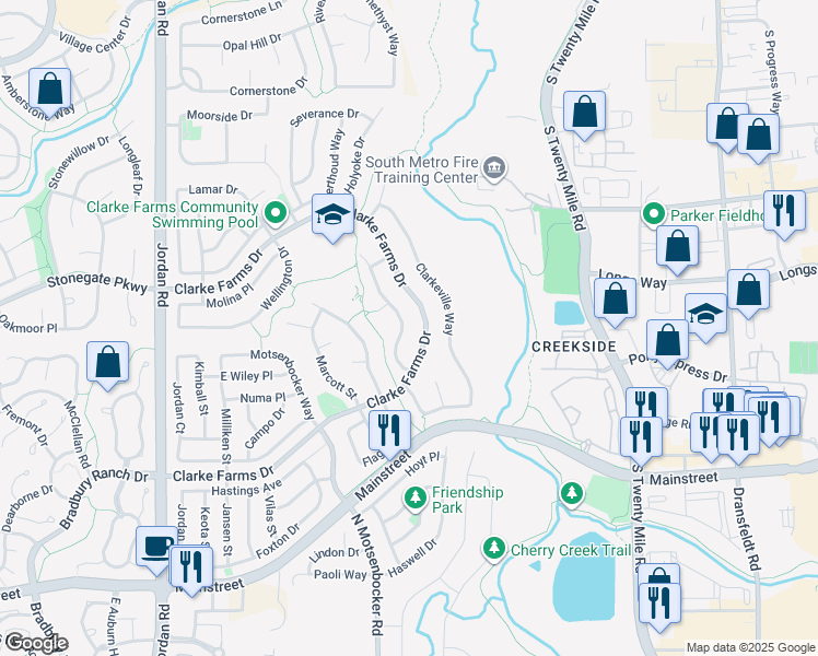 map of restaurants, bars, coffee shops, grocery stores, and more near 10634 Sedgwick Way in Parker