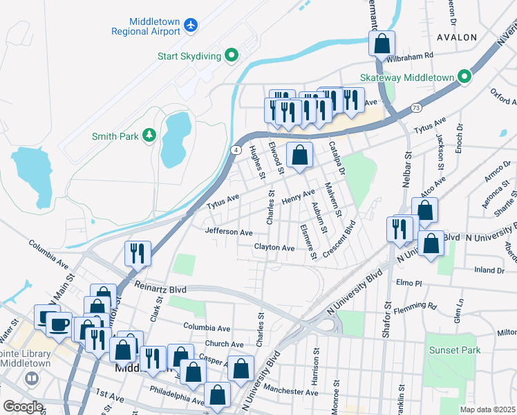 map of restaurants, bars, coffee shops, grocery stores, and more near 1813 Henry Avenue in Middletown