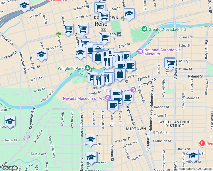 map of restaurants, bars, coffee shops, grocery stores, and more near 195 South Sierra Street in Reno