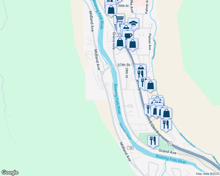 map of restaurants, bars, coffee shops, grocery stores, and more near 2800 Midland Avenue in Glenwood Springs
