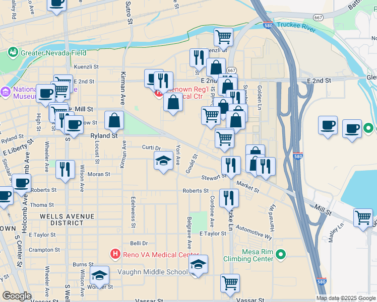 map of restaurants, bars, coffee shops, grocery stores, and more near in Reno