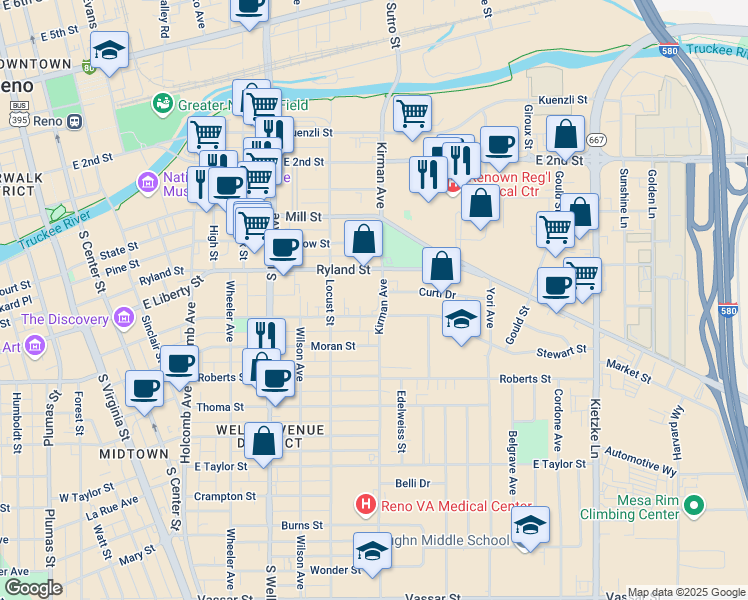 map of restaurants, bars, coffee shops, grocery stores, and more near 960 Ryland Street in Reno