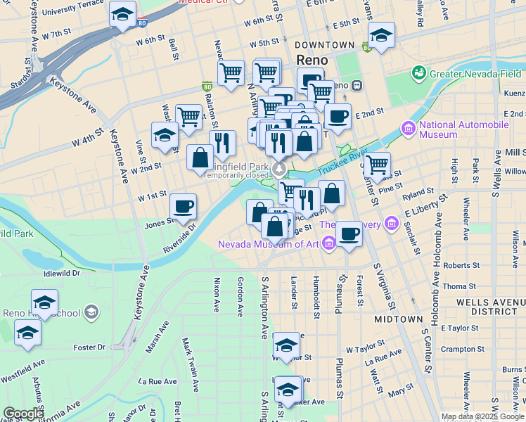 map of restaurants, bars, coffee shops, grocery stores, and more near 400 Island Avenue in Reno