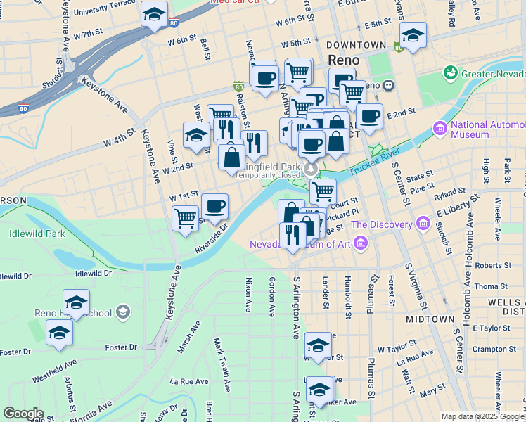 map of restaurants, bars, coffee shops, grocery stores, and more near 512 Island Avenue in Reno