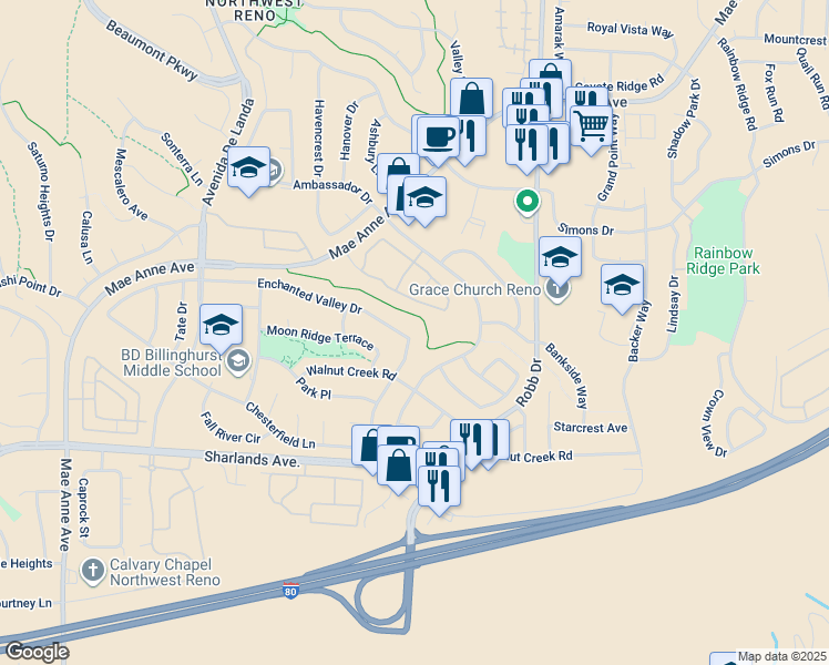 map of restaurants, bars, coffee shops, grocery stores, and more near 6307 Enchanted Valley Drive in Reno