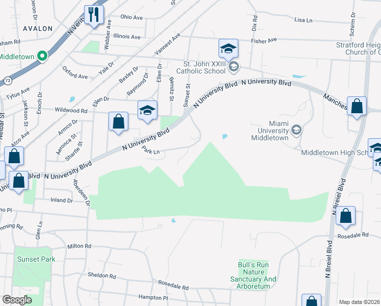 map of restaurants, bars, coffee shops, grocery stores, and more near 1074 Park Lane in Middletown