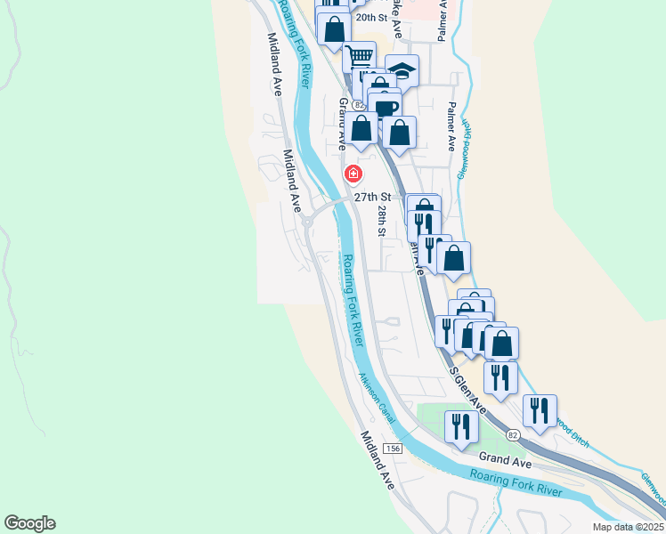 map of restaurants, bars, coffee shops, grocery stores, and more near 2822 Hager Lane in Glenwood Springs
