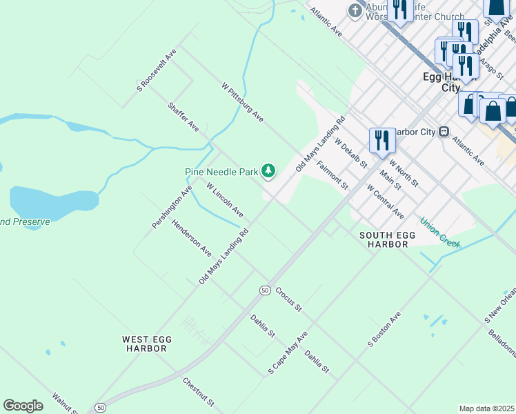 map of restaurants, bars, coffee shops, grocery stores, and more near 1500 West Shaffer Avenue in Egg Harbor City