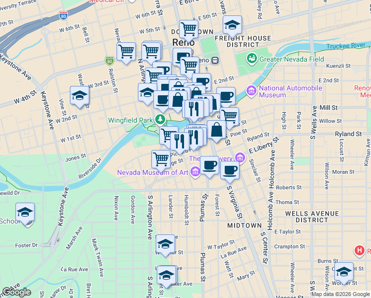 map of restaurants, bars, coffee shops, grocery stores, and more near 195 South Sierra Street in Reno