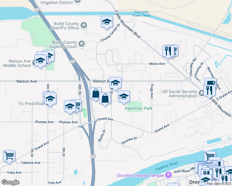map of restaurants, bars, coffee shops, grocery stores, and more near 2120 2nd Street in Oroville
