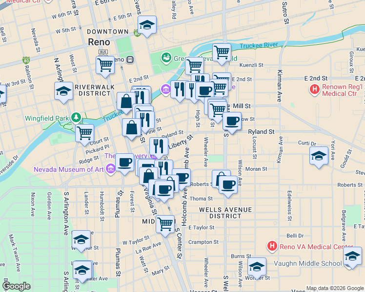 map of restaurants, bars, coffee shops, grocery stores, and more near 331 Holcomb Avenue in Reno