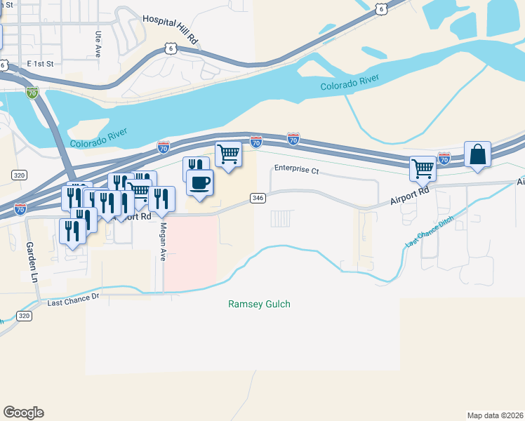 map of restaurants, bars, coffee shops, grocery stores, and more near 576-688 County Road 346 in Rifle