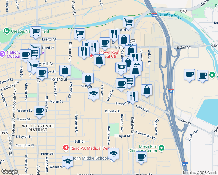 map of restaurants, bars, coffee shops, grocery stores, and more near in Reno