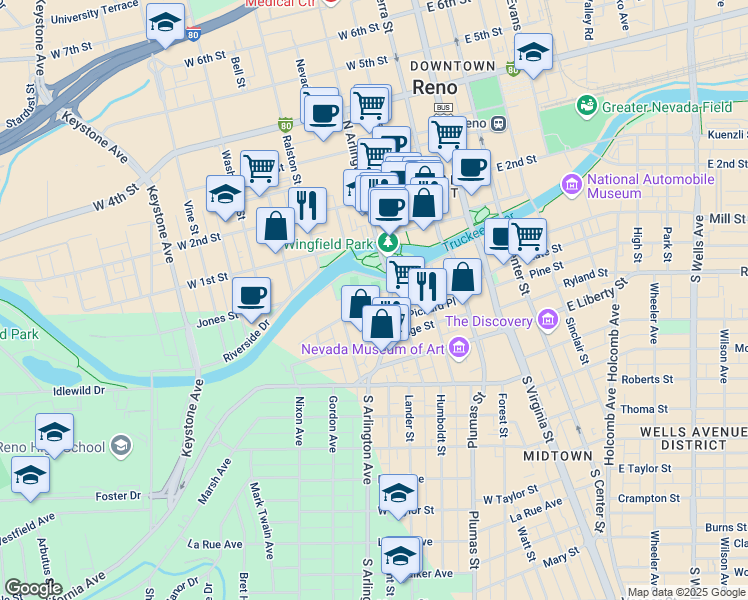 map of restaurants, bars, coffee shops, grocery stores, and more near 400 Island Avenue in Reno