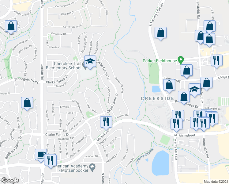 map of restaurants, bars, coffee shops, grocery stores, and more near 10635 Clarke Farms Dr in Parker