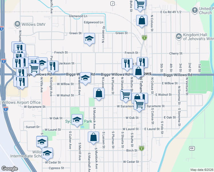 map of restaurants, bars, coffee shops, grocery stores, and more near 426 West Willow Street in Willows