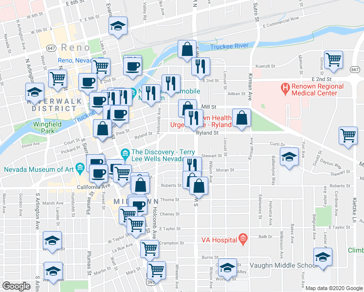 map of restaurants, bars, coffee shops, grocery stores, and more near 317 Wheeler Avenue in Reno
